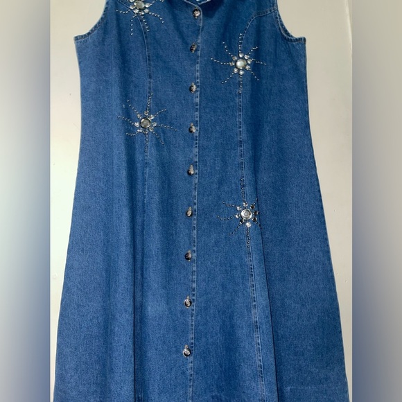 Beautiful Vintage Bejeweled Plus Size Denim Dress /Denim Jacket trench - Picture 2 of 8